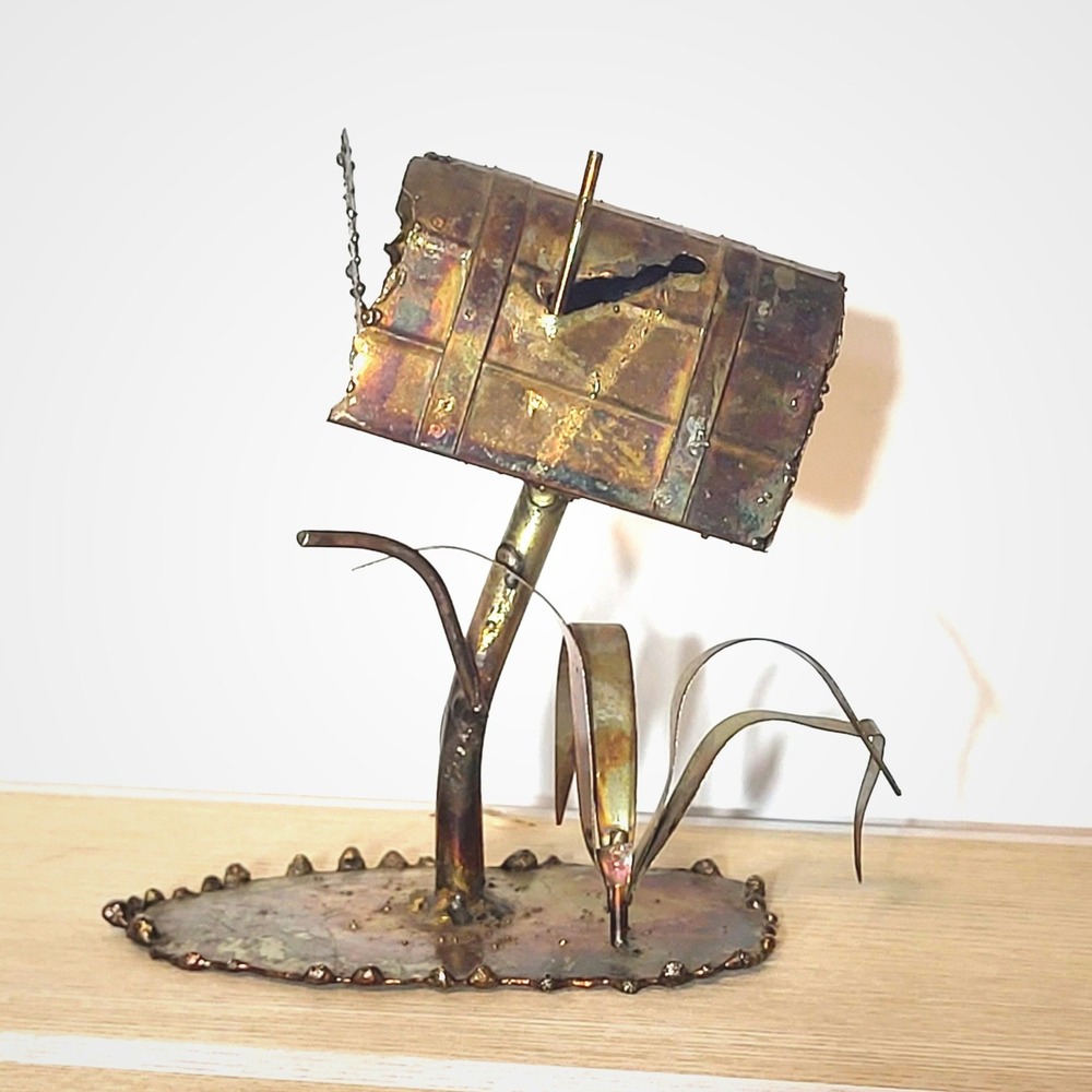 Enesco Brutalist Metal Sculpture 1974 Vintage Mailbox Torch Cut Copper Brass